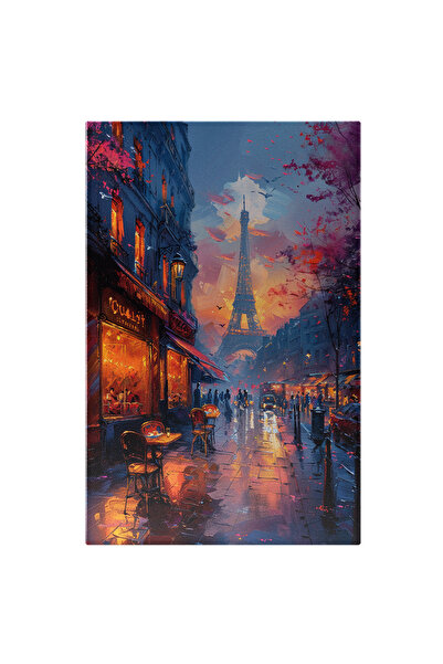 StoryGift Romania Tablou Canvas Turnul Eiffel In Culori Calde De Iubire Pe O Strada Cu O Cafenea Si Oameni Care