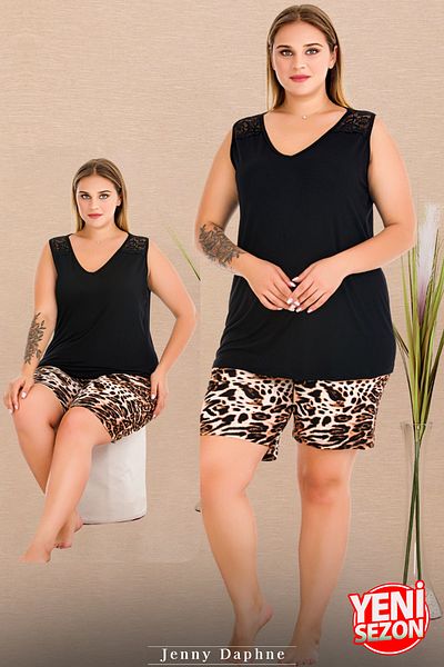 Jenny Daphne Lady Plus Size Leopard Print Shorts Zero Sleeve V Neck Short Sleeve Shorts Pajama Set 10438