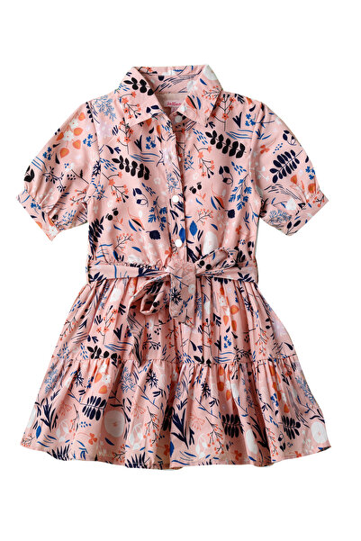 Basicxx Girls Pink Belted Shirt Collar Printed Dress