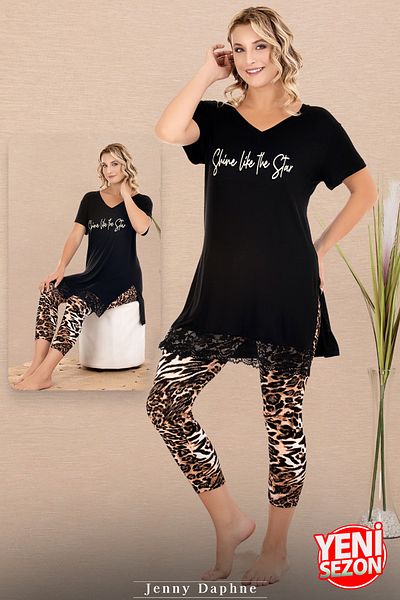 Jenny Daphne Țesătură din viscoză cu imprimeu leopard capris decolteu în V cu mânecă scurtă din dantelă cu potrivire confortabilă set de pijamale capri 12079