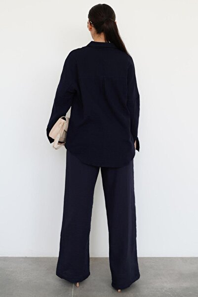 Madmext Navy Blue Basic Women's Shirt Pants Suit Mg2461