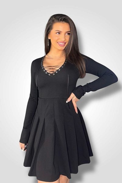 BOMBFIT String Black dress, with long sleeves, adjustable drawstring and V-neckline