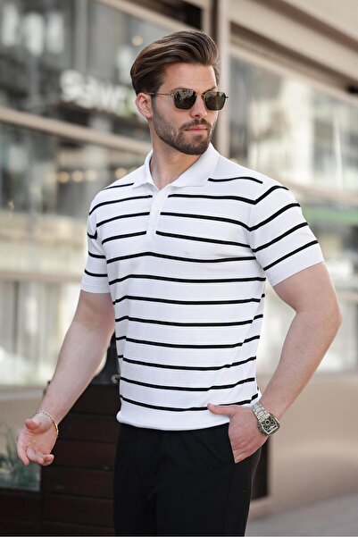 Madmext White Striped Polo Neck Men's T-Shirt E7405