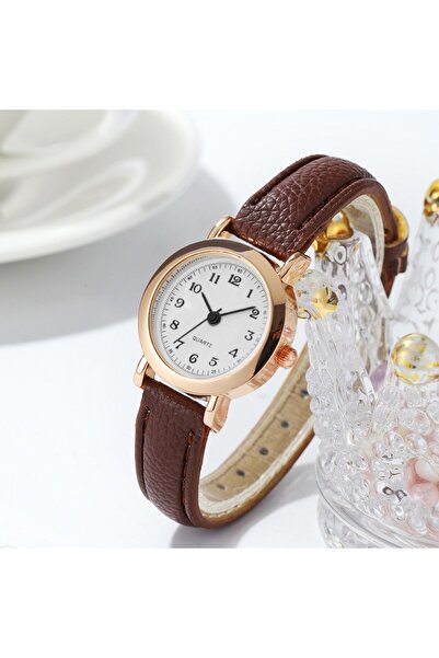 Choice ساعة نسائية صغيرة باللون البني والأبيض من الكوارتز العربي بسوار جلدي