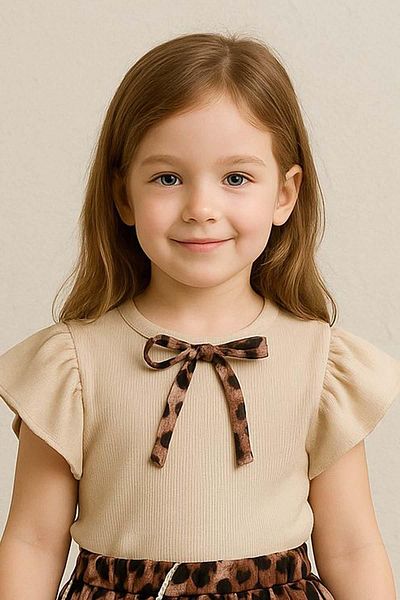 Riccotarz Girl's Crew Neck Ribbon Detailed Blouse Elastic Waist Leopard Patterned Skirt Suit