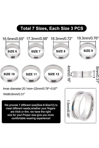 Choice AECH02-12322 21 قطعة 7 مقاسات خاتم إصبع فارغ من الفولاذ المقاوم للصدأ مع حلقة تطعيم أساسية محززة للراتنج R