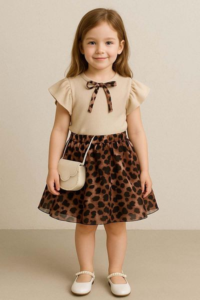 Riccotarz Girl's Crew Neck Ribbon Detailed Blouse Elastic Waist Leopard Patterned Skirt Suit