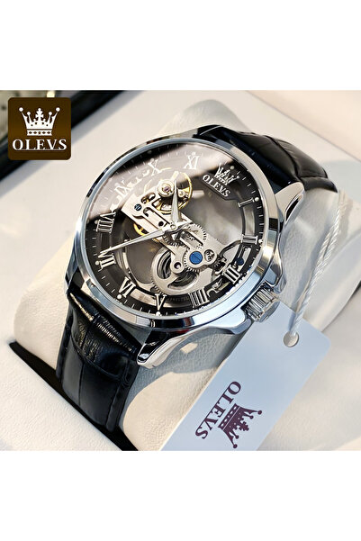 Choice ساعة OLEVS 6661 للرجال ميكانيكية أوتوماتيكية شفافة بالكامل من سكيلتون، لون فضي أسود، جلد S