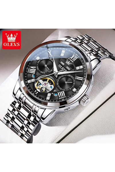 Choice ساعة يد أصلية أوتوماتيكية ميكانيكية أصلية من OLEVS للرجال، Skeketon Flywheel، مقاومة للماء، باللون الأسود