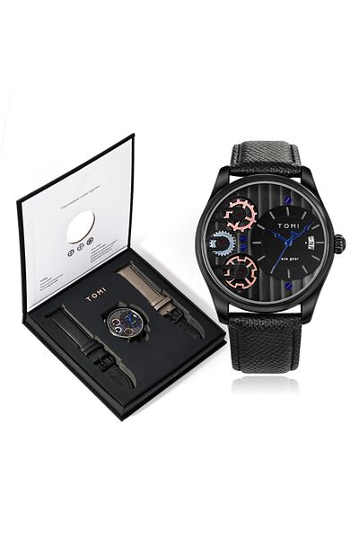 Choice Black TOMI Men's Gift Box Combination Set Watch Luxury and Simple Business Detachable Strap Quartz W