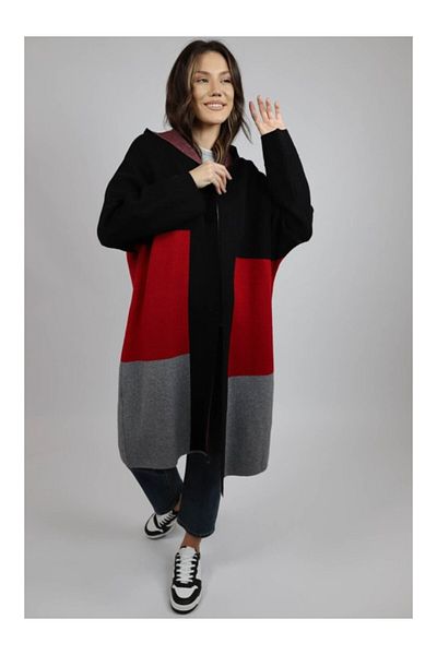 De Royal Italy LONG KNIT CARDIGAN WITH HOOD IN WHITE BLOCKS Red ONE SIZE