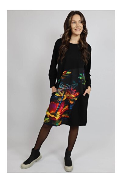 FASHIONLAND ROCHIE MIDI CU BUZUNARE SI MANECA LUNGA INSERTIE PRINT DRAGONFLY ...