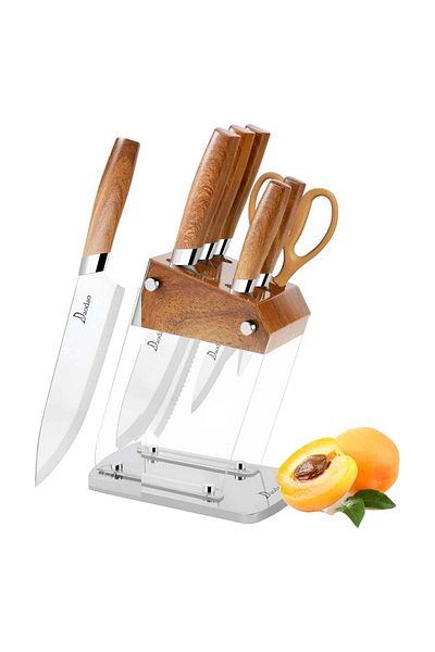 Köken Set de cuțite de bucătărie Koken, 6 piese din oțel inoxidabil, suport acrilic transparent, cuțite ultra-ascuțite