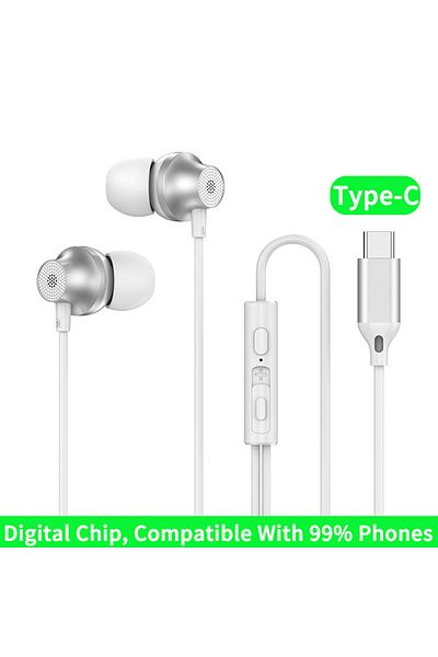 Choice Type-C White Digital Chip Wired Earphone 3.5mm AUX/Type C 9D HiFi Surround Heavy Bass In-Ear Headset