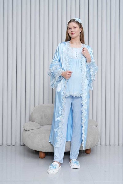 Lohussa Set de pijamale pentru femei, albastru, cu mâneci scurte, din bumbac, cu mâneci scurte, pentru maternitate