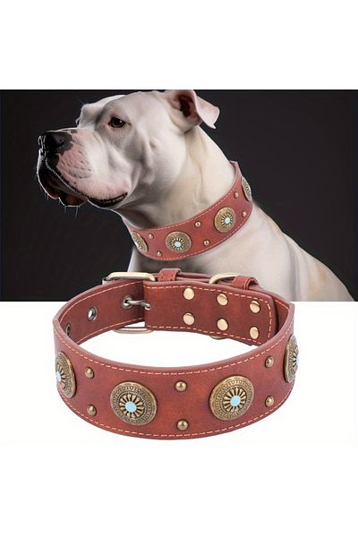 Choice S brown CP640--1Pc Heavy Duty Leather Dog Collar, Handcrafted Luxury Pet Collar with Adjustable Buck