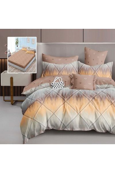 Pucioasa Lenjerie de pat din finet cu elastic, cearceaf pilota 200x220cm, 6 piese, geometric auriu