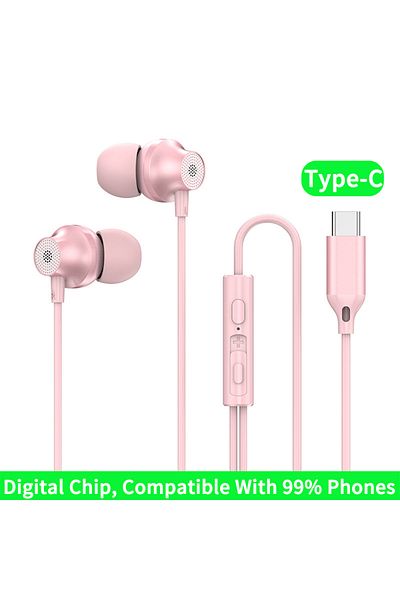 Choice Type-C Pink Digital Chip Wired Earphone 3.5mm AUX/Type C 9D HiFi Surround Heavy Bass In-Ear Headsets