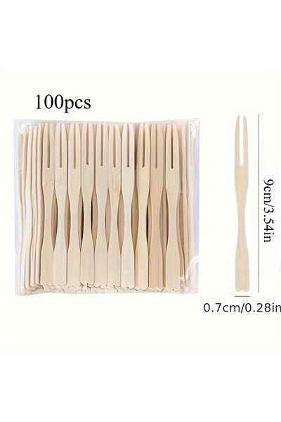 Choice 100pcs 100 Pcs Bamboo Mini Cakes, Pastries, Forks, Desserts, Two-tooth Forks, Disposable Double Pron