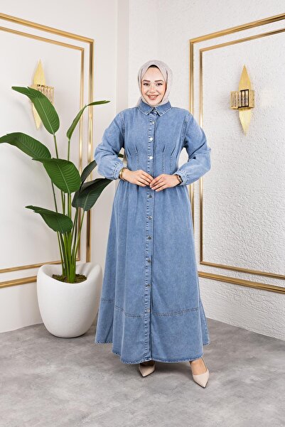HARMAN BUTİK Τζιν φόρεμα με κουμπιά στη μέση μπλε