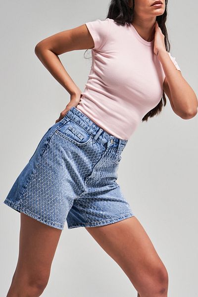its basic Μπλε χρώμα Midi σορτς - Shiny Stone Mom Fit Design 100% Cotton