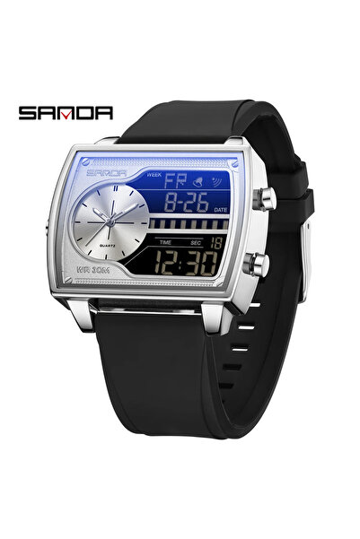 Choice ساعة SANDA 6163 للرجال باللون الأسود والفضي بتصميم عصري وساعة مربعة مع...