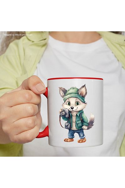 StoryGift Romania Mug with a wolf taking pictures | holding a camera | illustration | ves, Cu,STG.