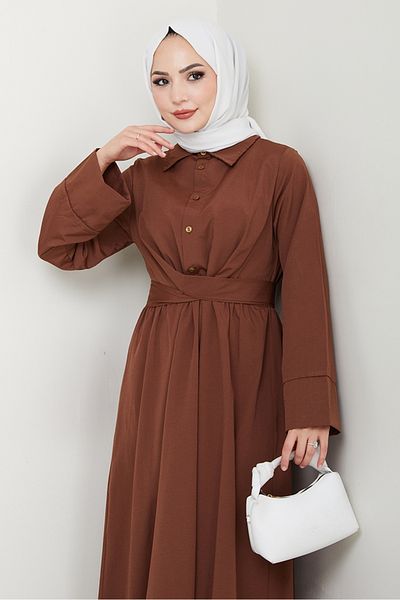 Bestenur Renda Waist Tie Dress 1467 - Bitter Brown