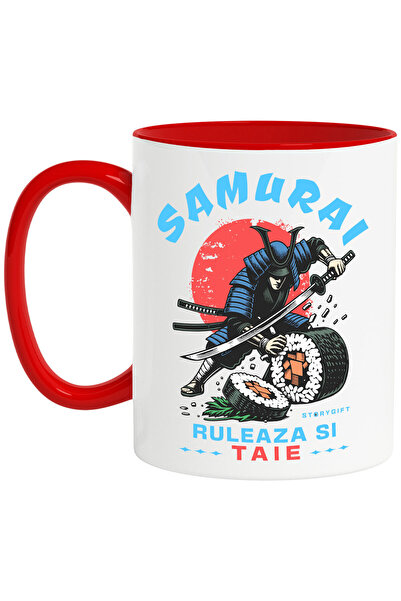 StoryGift Romania Cana Cu Samurai Ninja Cu Sabie Ascutita Sushi Mancare Chinezeasca Text Ruleaza S, Cu Maner Rosu Stg