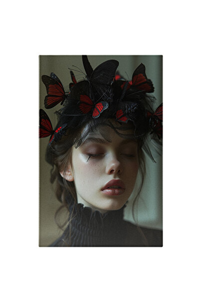 StoryGift Romania Tablou Canvas Negru Și Roșu Combinația Sumbră Dar Reușită A Fluturilor Din Voalul Fetei , Pictu