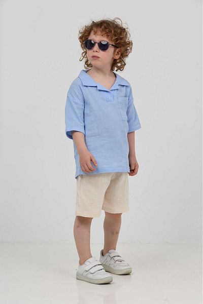 chacharon Boy's Muslin Fabric Boy's Collar Shorts Suit