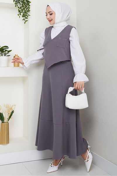 Bestenur Leris Vest Skirt Double Set 1346 - Gray
