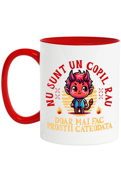 StoryGift Romania Cana Cu Diavol Cu Coarne Text Nu Sunt Un Copil Rau Doar Mai Fac Prostii, Ceramic, Cu Maner Rosu Stg