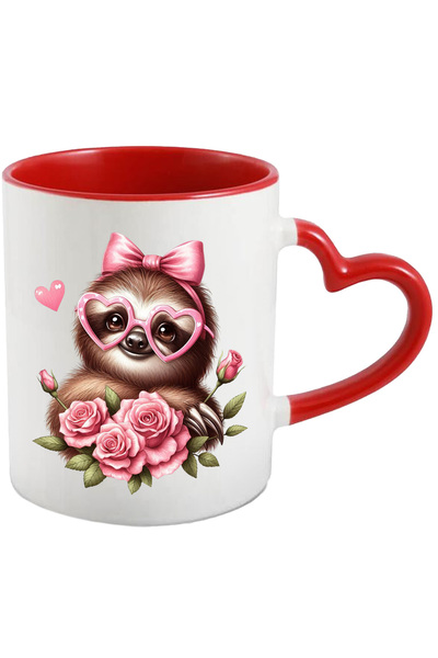 StoryGift Romania Cana cu un sloth/lenes cu ochelari | inimi | trandafiri | plante | flori | natur, Cu Maner Inim STG