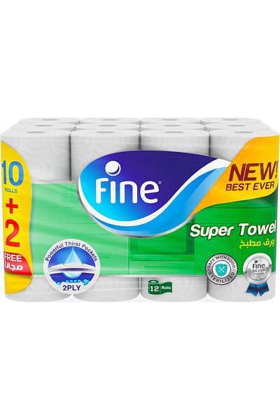 FINE Super Towel, 12 Rolls, 3-Ply, Sterilized & Half-Perforated, Highly Absorbent Kitchen Paper