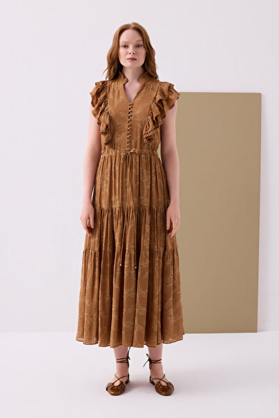 Jus De Pommes KAHVERENGİ FIRFIR DETAYLI KOLSUZ UZUN ELBİSE