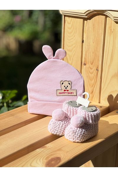 BETSY STUDIO Baby Pink Booties & Eared Teddy Bear Embroidered Beanie Set Newborn Gift