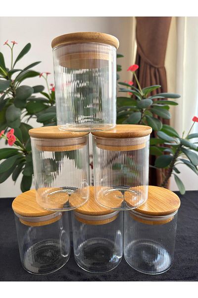 DİBA AVM 6-Piece Glass Jar with Wooden Lid Vacuum Lid Glass Spice Jar Stylish Design 6,5X8 cm