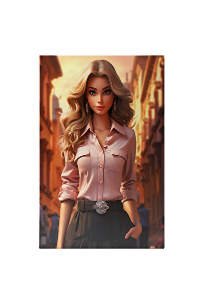 StoryGift Romania Tablou Canvas: Stylish Woman Femeie Cu Cercei Lungi Si Camasa Roz Pudra Cu Fusta Si Curea Pic