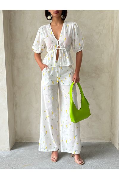 Miss Allos Women's Floral Patterned Linen Trousers with Tie Front