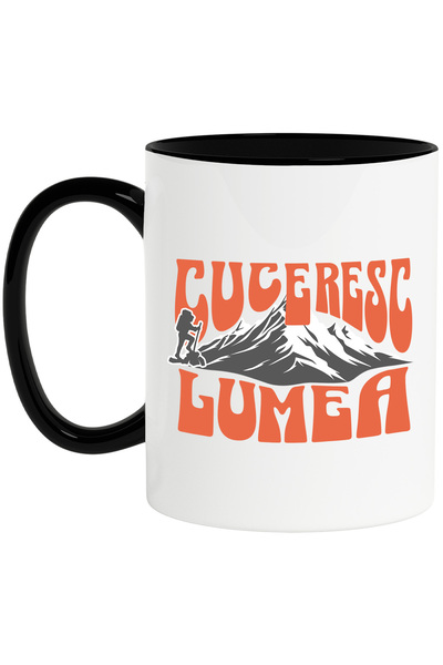 StoryGift Romania Cana Cuceresc Lumea Drumet Pe Munte Inalt, Natura, Camping, 330ml, Ceramica Cu M, Cu Maner Negru Stg