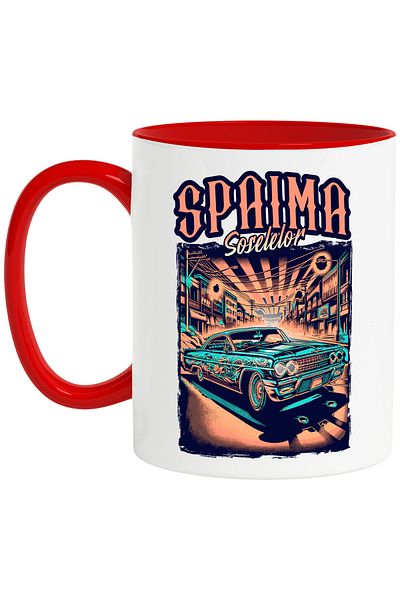 StoryGift Romania Cana spaima soselelor, masina vintige cursa ilegale viteza, 330ml, Ceramic cu Ma, Cu Maner Rosu STG