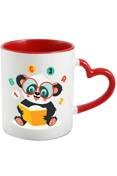 StoryGift Romania Cana Cu Urs Panda, Ochelari, Carte, Cifre, Litere, Educatie, Citit, Multicolor 3, Cu Maner Inim Stg