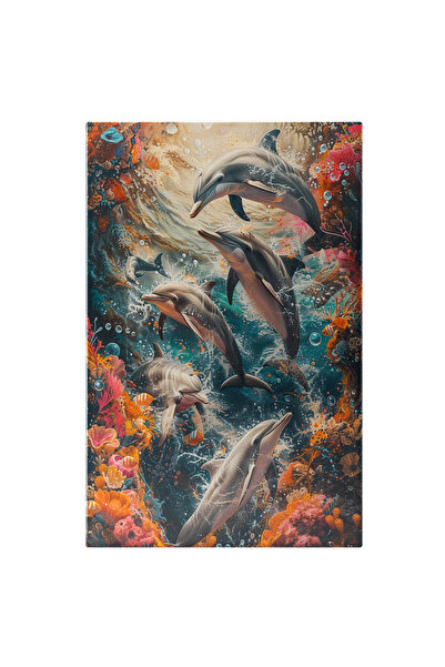 StoryGift Romania Tablou Canvas: Valuri De Flori În Apă Ce Găzduiesc Delfini Jucăuși - Jocul Delfinilor Printre