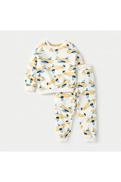 Juniors طقم سويت شيرت وبنطال رياضي بطبعة طائرة كاملة