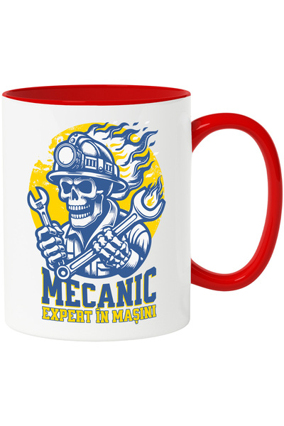 StoryGift Romania Cana Mecanic Schelete Cu Casca In Flacari Expert In Masini, 330ml, Ceramic Cu Ma, Cu Maner Rosu Stg
