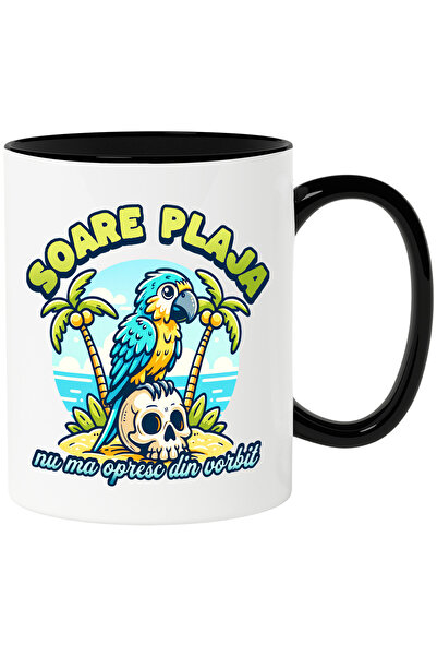 StoryGift Romania Cana Papagal Pe Plaja, Nu Ma Opresc Din Vorbit, Haios Vacanta, 330ml, Ceramica C, Cu Maner Negru Stg