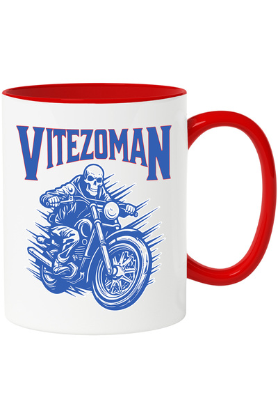 StoryGift Romania Cana Vitezoman Schelete Pe Motor Viteza , 330ml, Ceramic Cu Maner Rosu, Cu Maner Rosu Stg