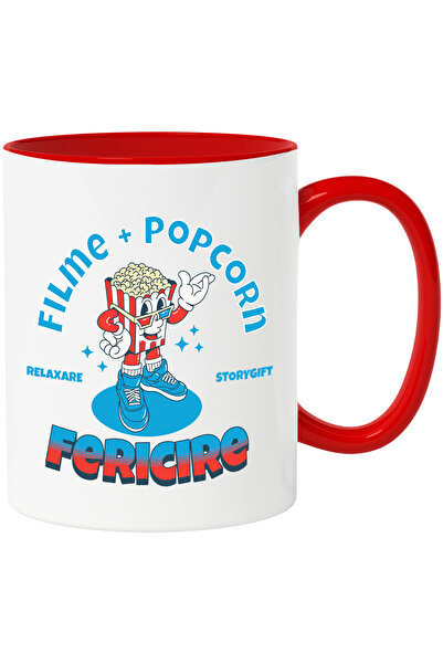 StoryGift Romania Cana Punga De Popcorn Cu Ochelarii 3d Iubitorii Film, 330ml, Ceramic Cu Maner Ro, Cu Maner Rosu Stg