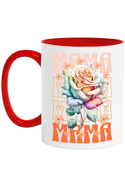 StoryGift Romania Cana Cu Trandafir Multicolor Text Mama, Femeie Flori Natura, Ceramica, 330ml, Cu, Cu Maner Rosu Stg